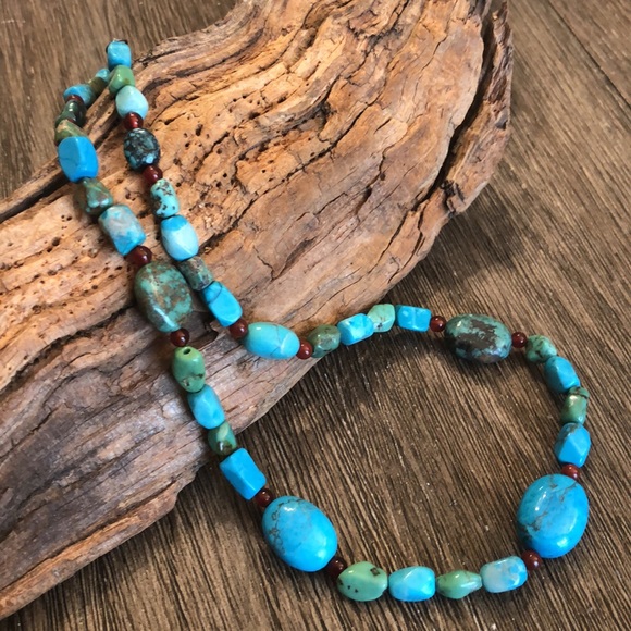 Turquoise Stone Necklace Sterling Clasp 18.5" - Picture 4 of 13